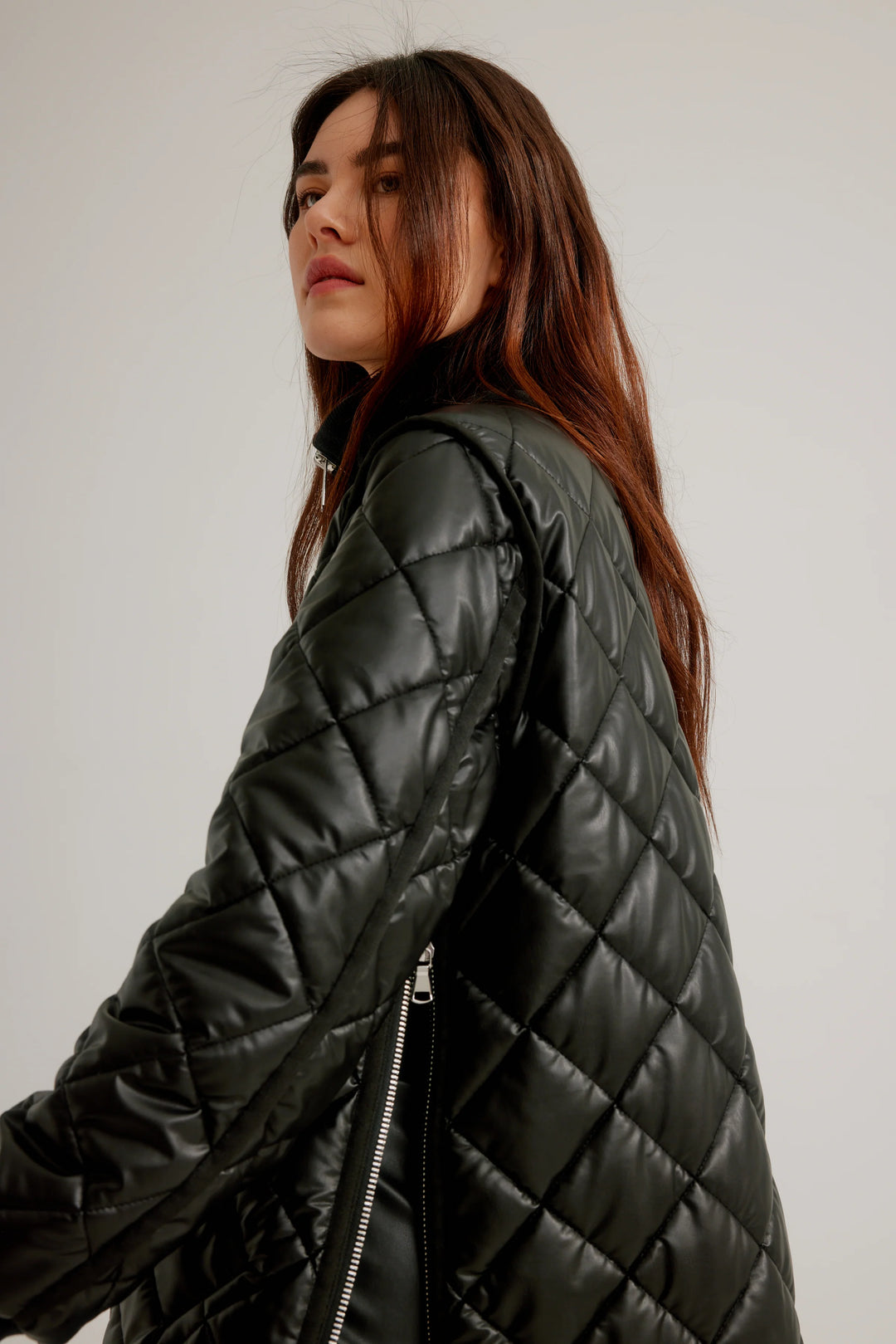 Black Vegan Leather Diamond Quilted Coat