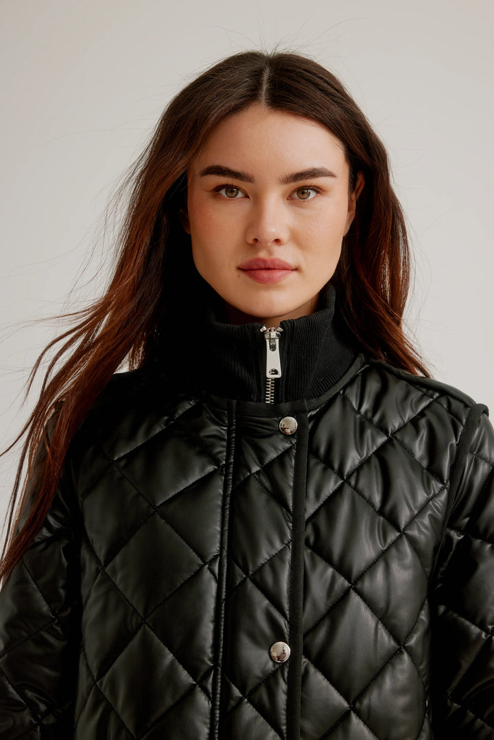 Black Vegan Leather Diamond Quilted Coat