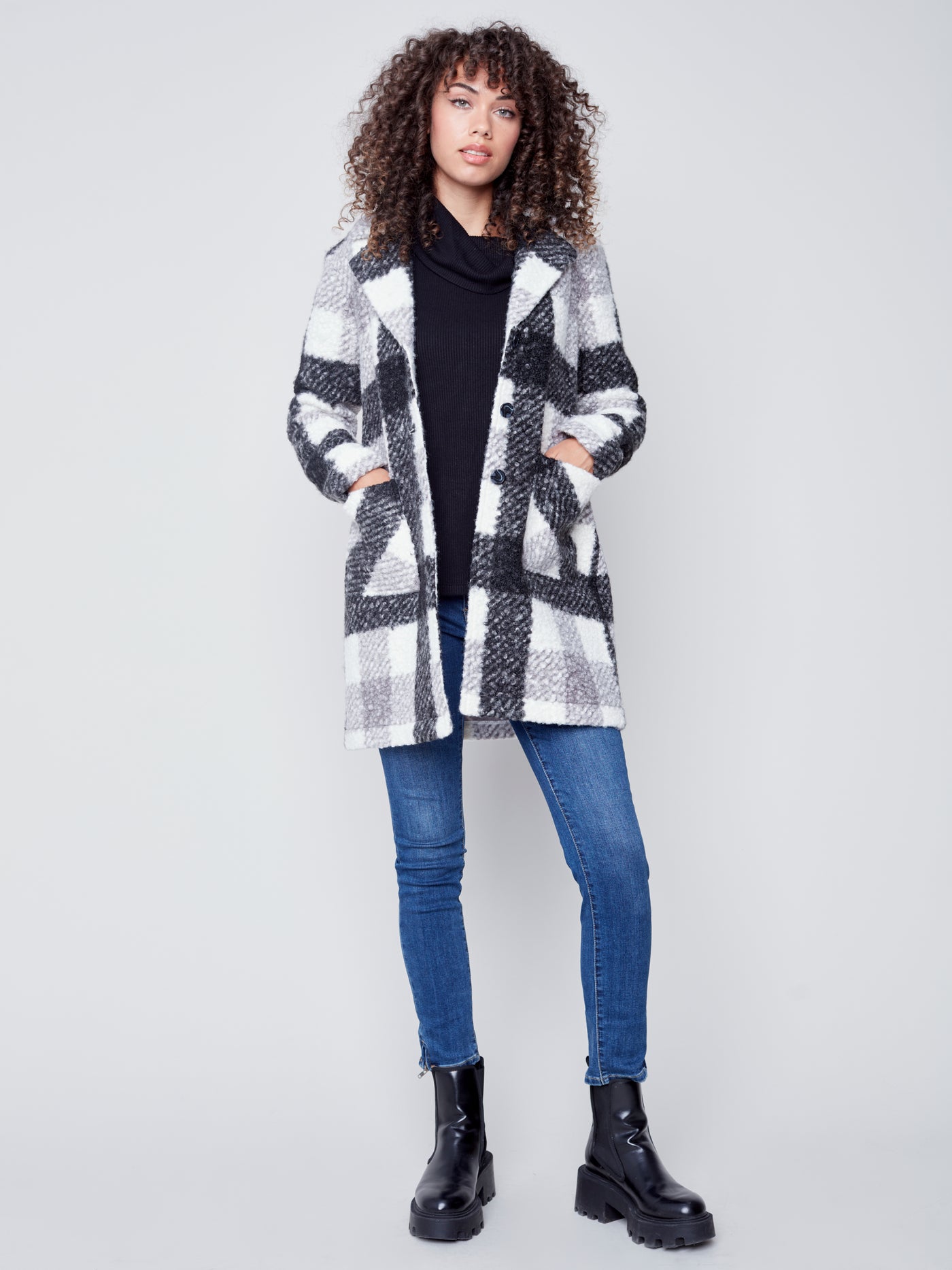 Black & Cream Plaid Boucle Coat