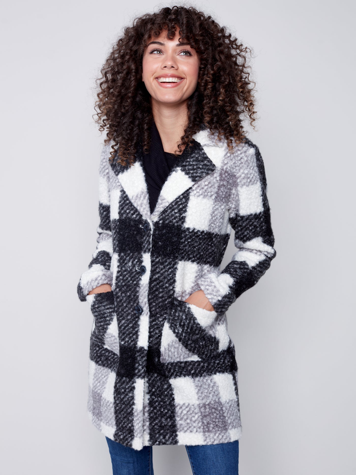 Black & Cream Plaid Boucle Coat