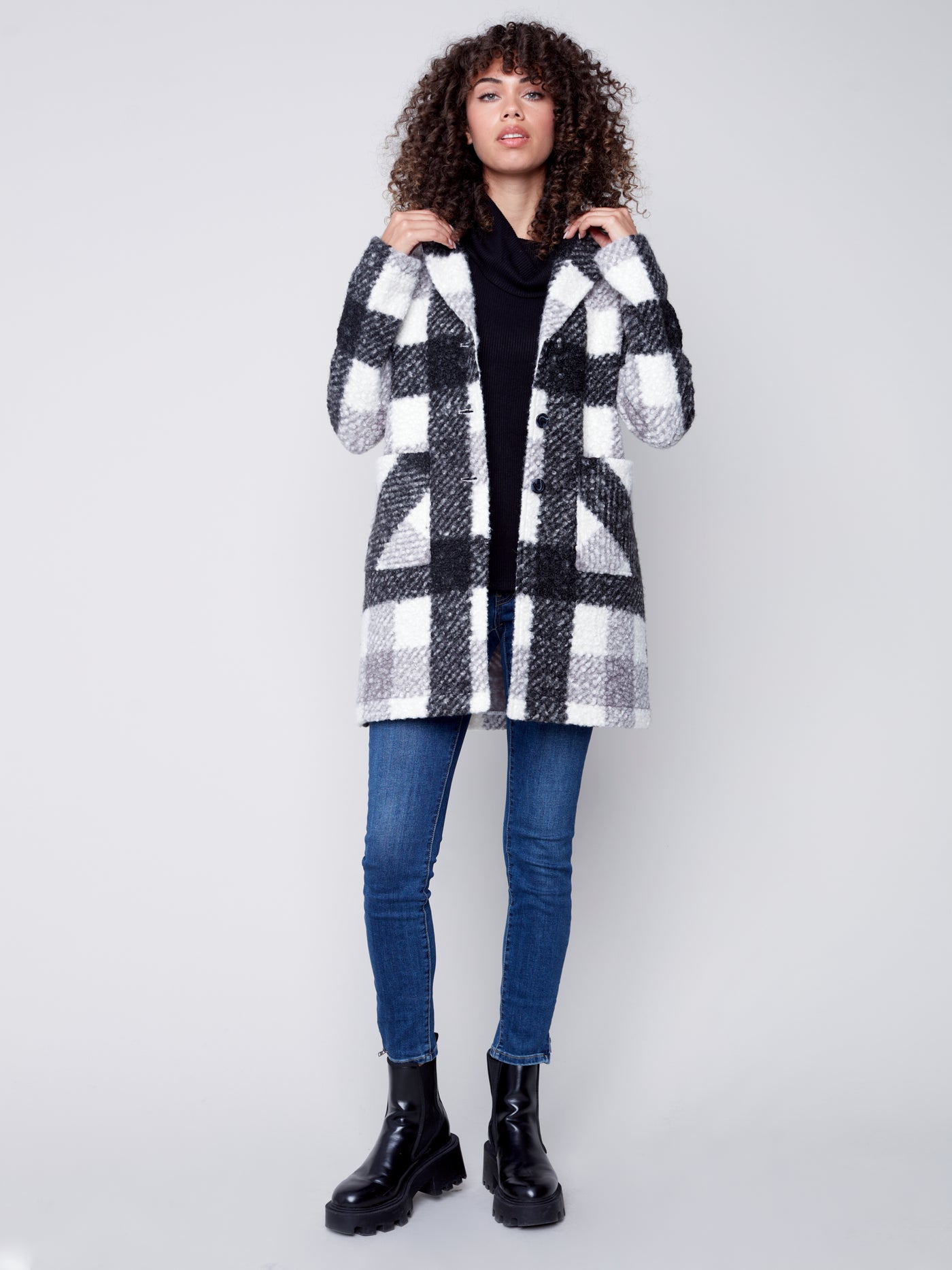 Black & Cream Plaid Boucle Coat