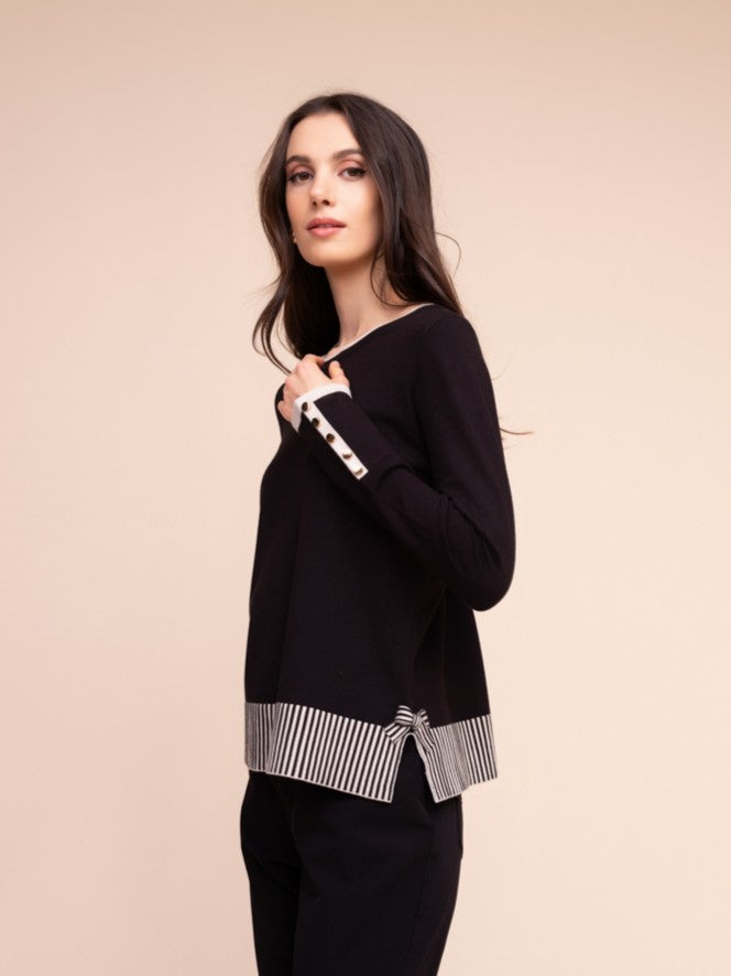 Black and Sand Striped Hem Bow Detail Sweater