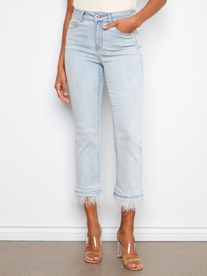 Bleach Blue Feather Trim Flare Jean