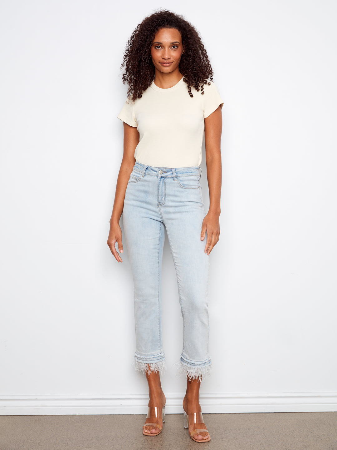 Bleach Blue Feather Trim Flare Jean