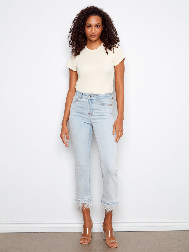 Bleach Blue Feather Trim Flare Jean