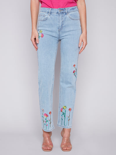 Bleach Blue Floral Embroidered Jean