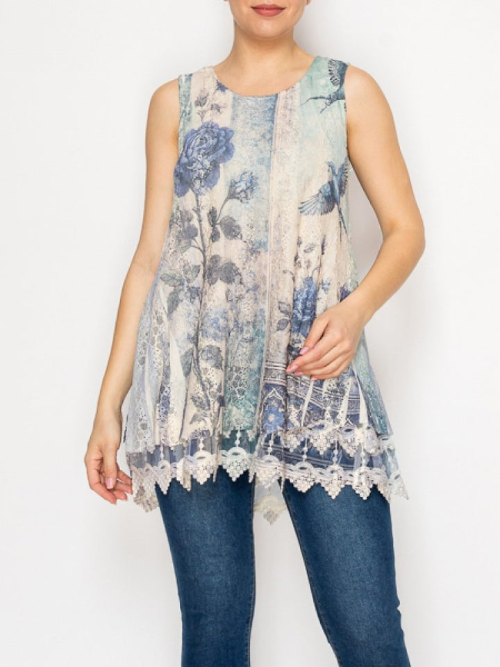 Blue Bird Lined Lace Sleeveless Top