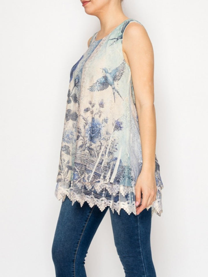 Blue Bird Lined Lace Sleeveless Top
