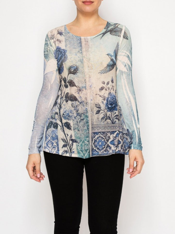 Blue Bird Long Sleeve Mesh Top with Sparkly Accents