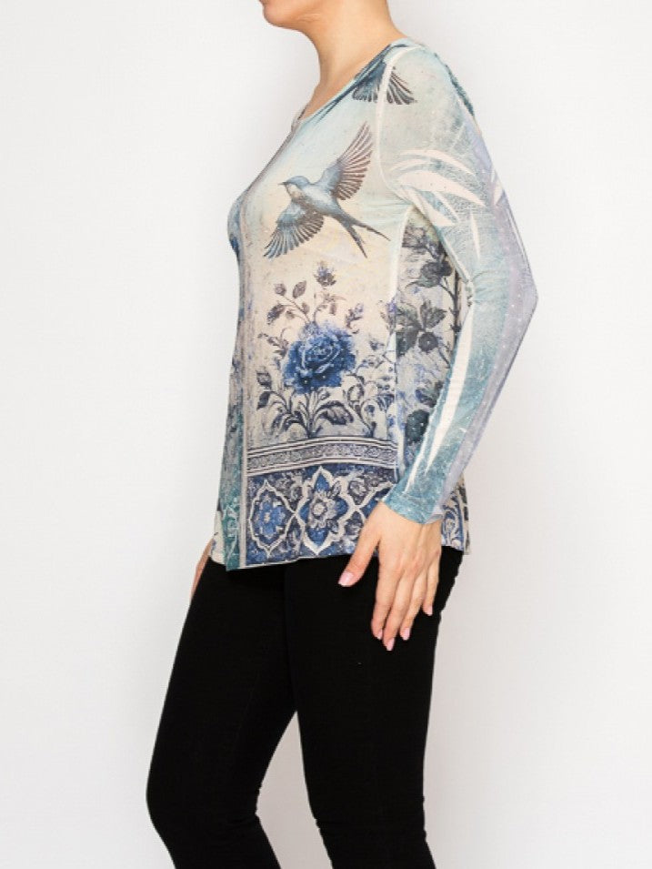 Blue Bird Long Sleeve Mesh Top with Sparkly Accents