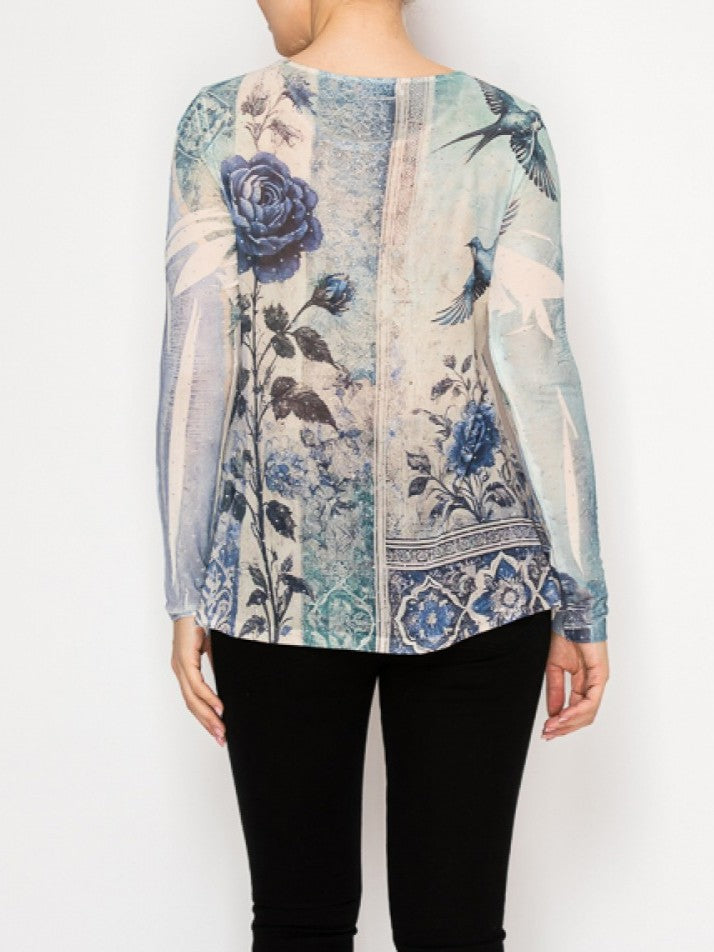 Blue Bird Long Sleeve Mesh Top with Sparkly Accents