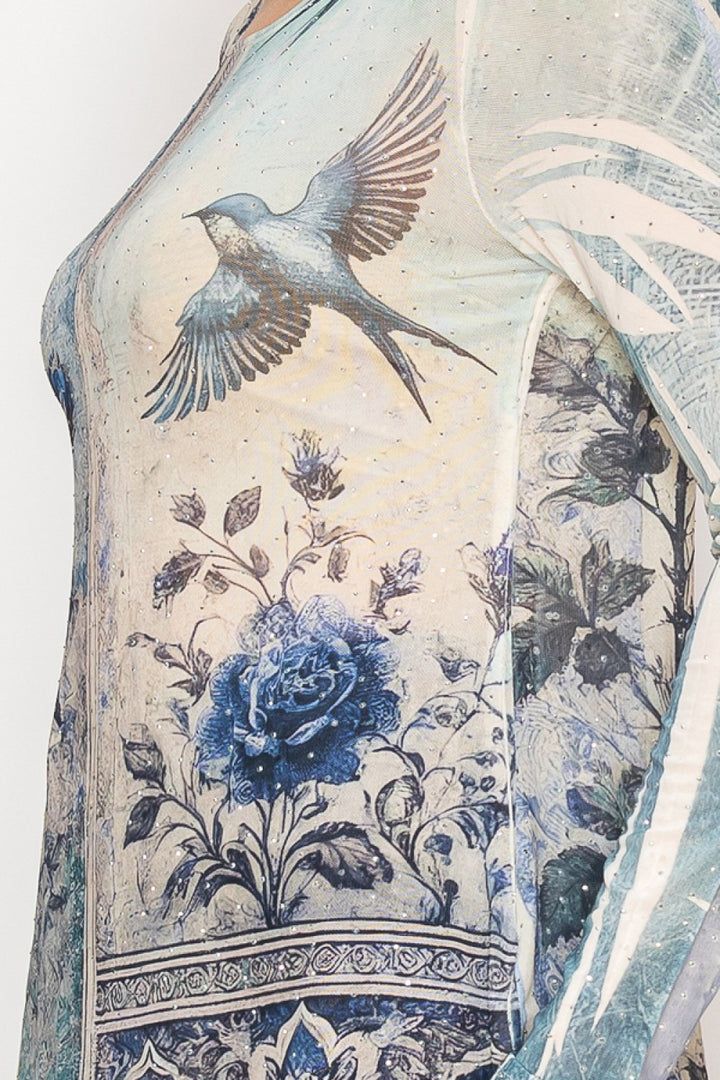 Blue Bird Long Sleeve Mesh Top with Sparkly Accents