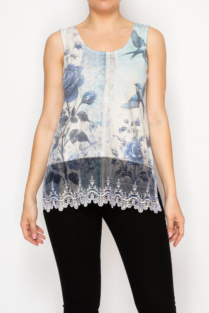 Blue Bird Sleeveless Top with Crochet Hem
