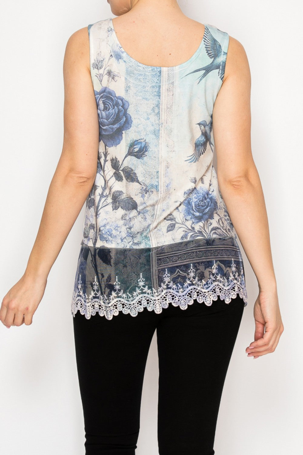 Blue Bird Sleeveless Top with Crochet Hem
