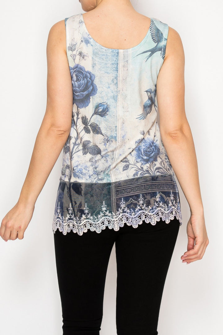 Blue Bird Sleeveless Top with Crochet Hem