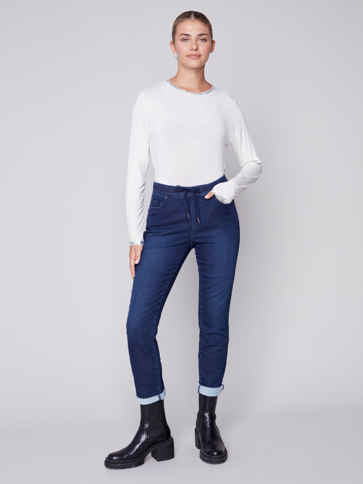 Blue Black Denim Knit Jogger Pant