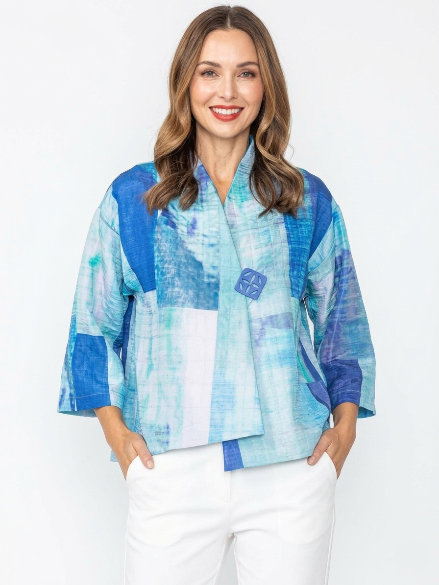 Blue Block Print Asymmetrical Jacket