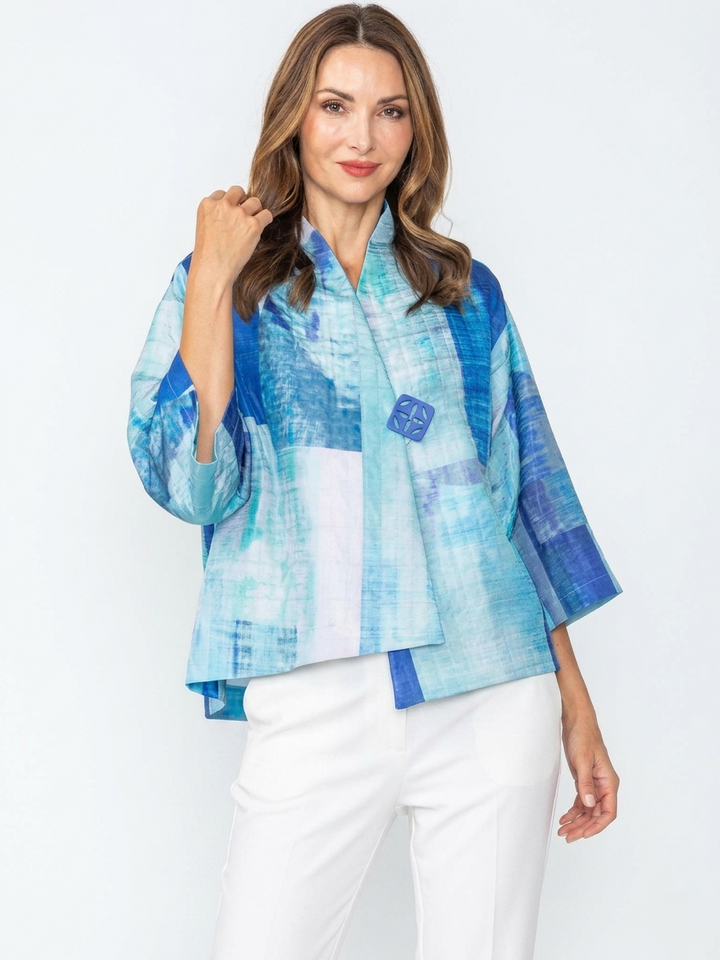 Blue Block Print Asymmetrical Jacket