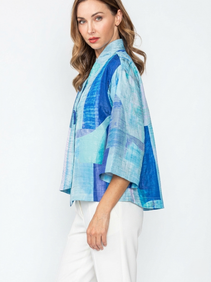 Blue Block Print Asymmetrical Jacket