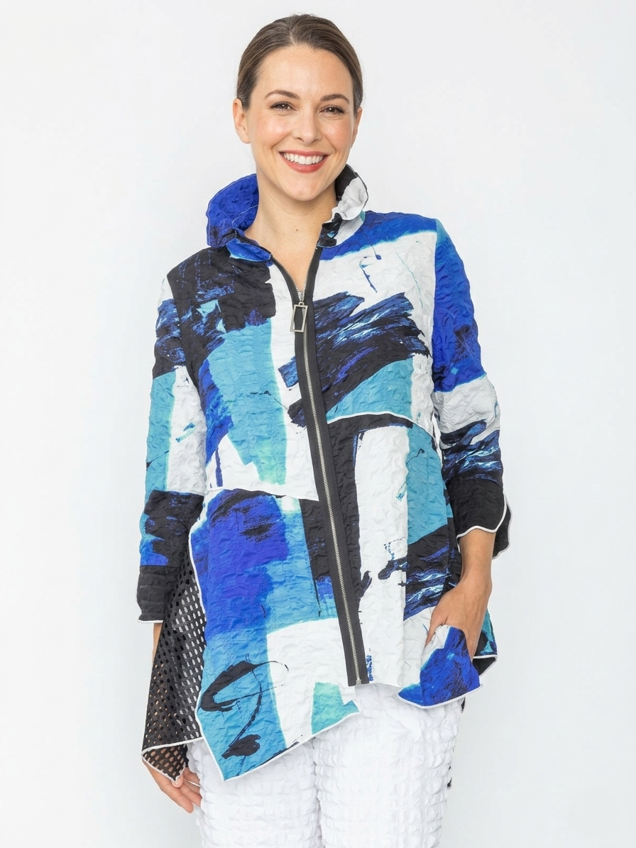 Blue Brushstroke Textured Zip Up Jacket
