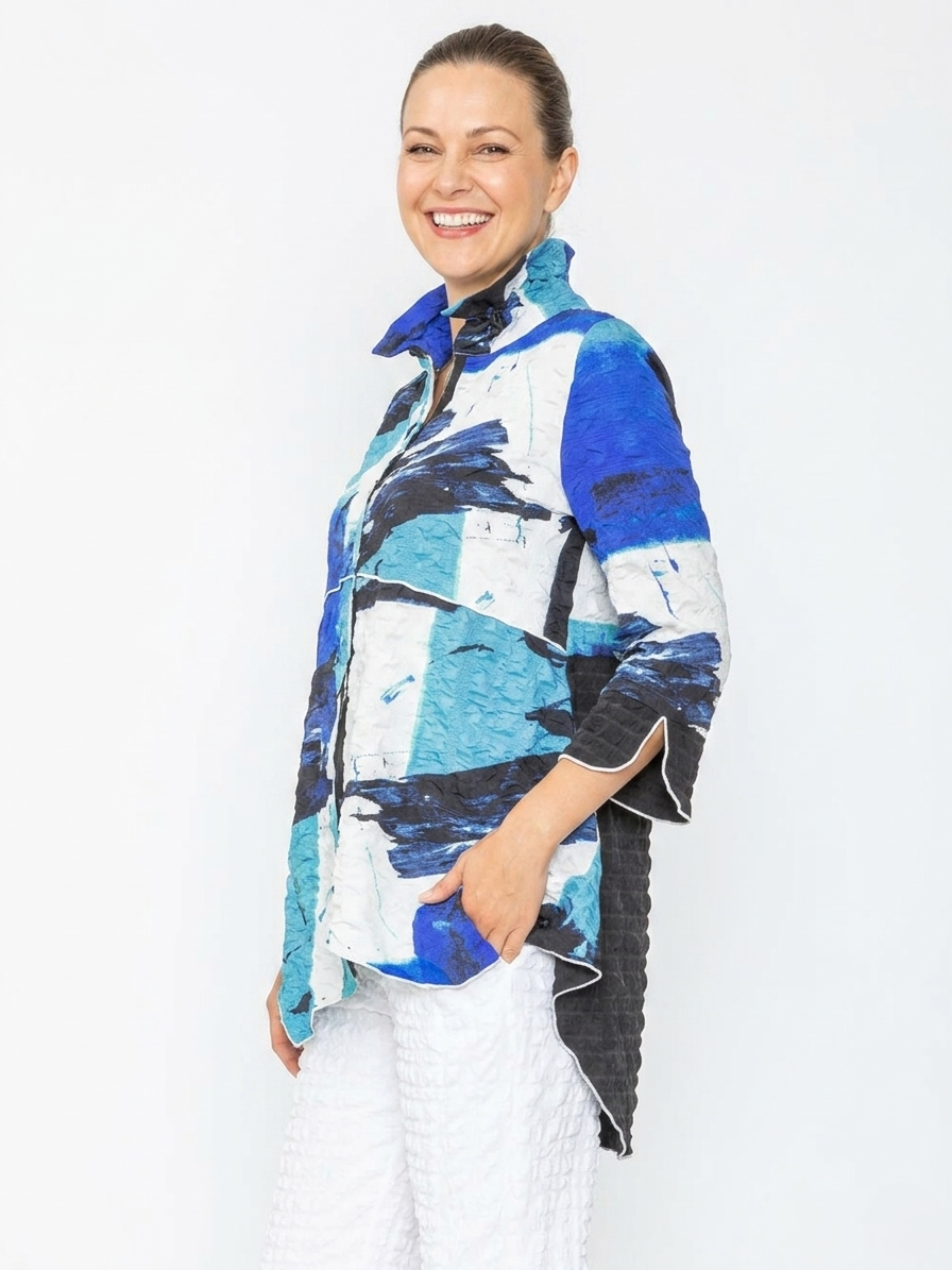 Blue Brushstroke Textured Zip Up Jacket