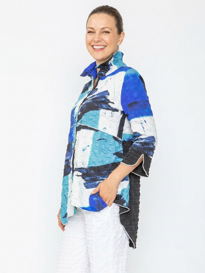 Blue Brushstroke Textured Zip Up Jacket