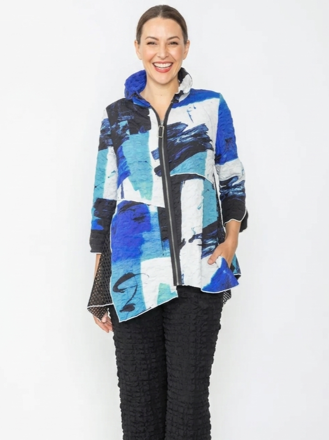 Blue Brushstroke Textured Zip Up Jacket