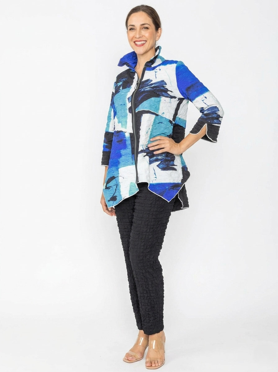 Blue Brushstroke Textured Zip Up Jacket
