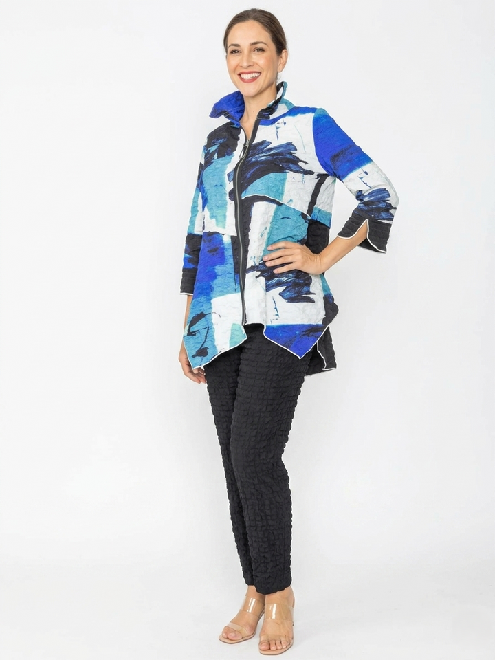 Blue Brushstroke Textured Zip Up Jacket