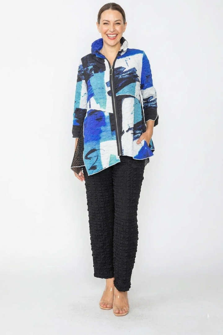 Blue Brushstroke Textured Zip Up Jacket
