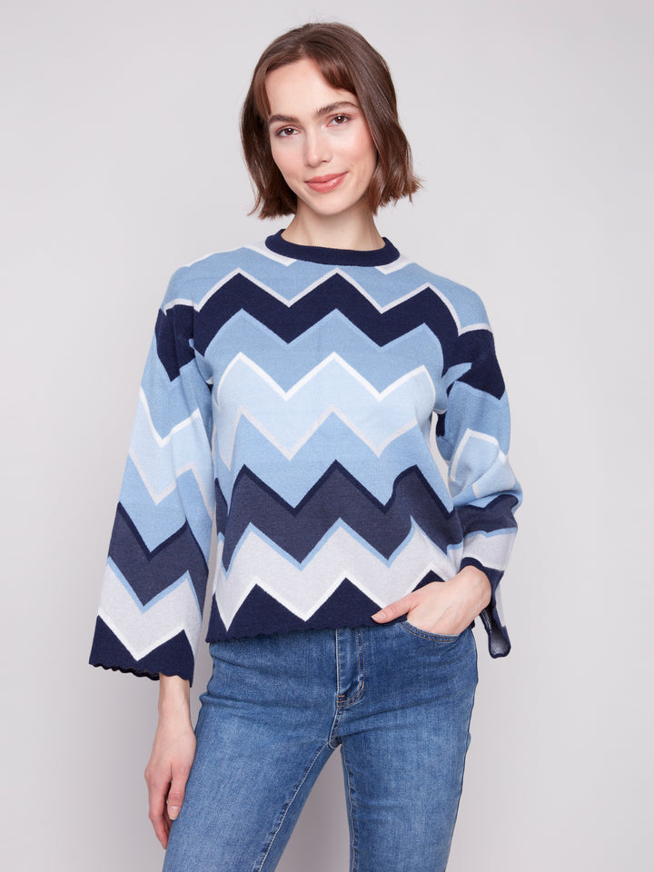 Blue Chevron Bell Sleeve Sweater