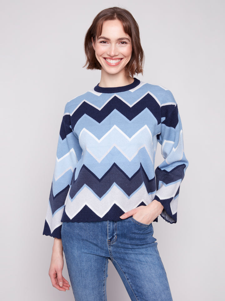 Blue Chevron Bell Sleeve Sweater