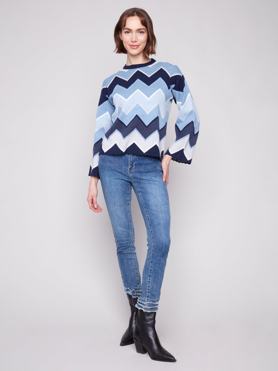 Blue Chevron Bell Sleeve Sweater