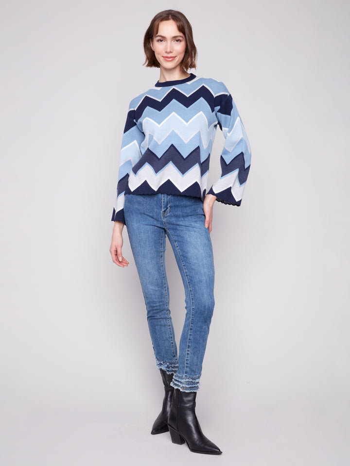 Blue Chevron Bell Sleeve Sweater