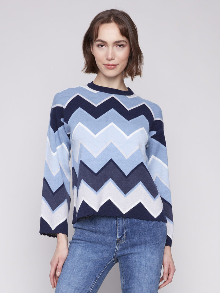 Blue Chevron Bell Sleeve Sweater