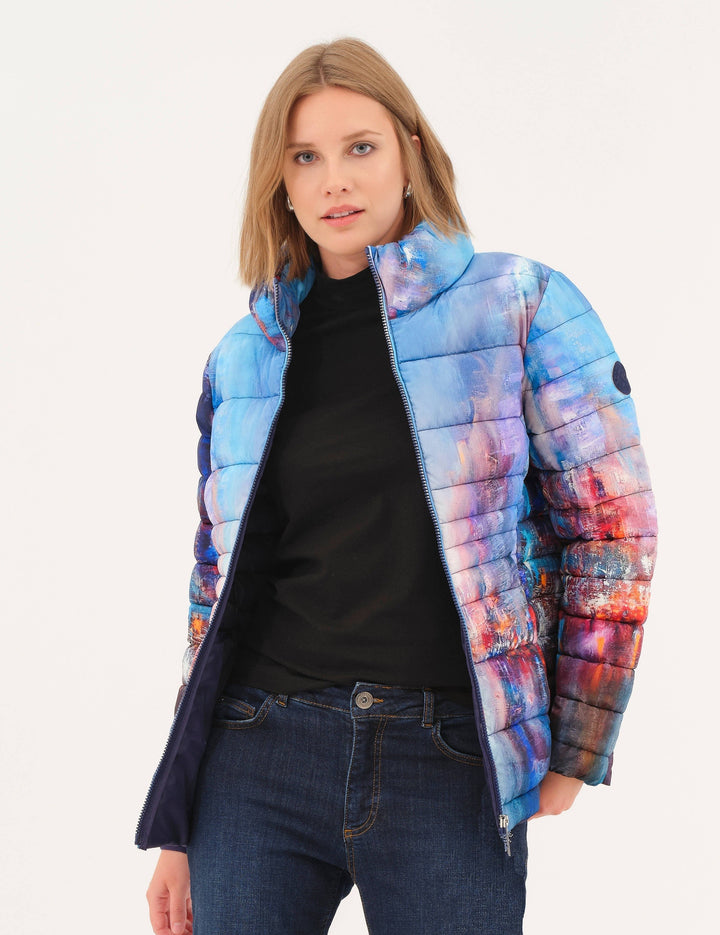 Blue City Print Short Puffer Coat