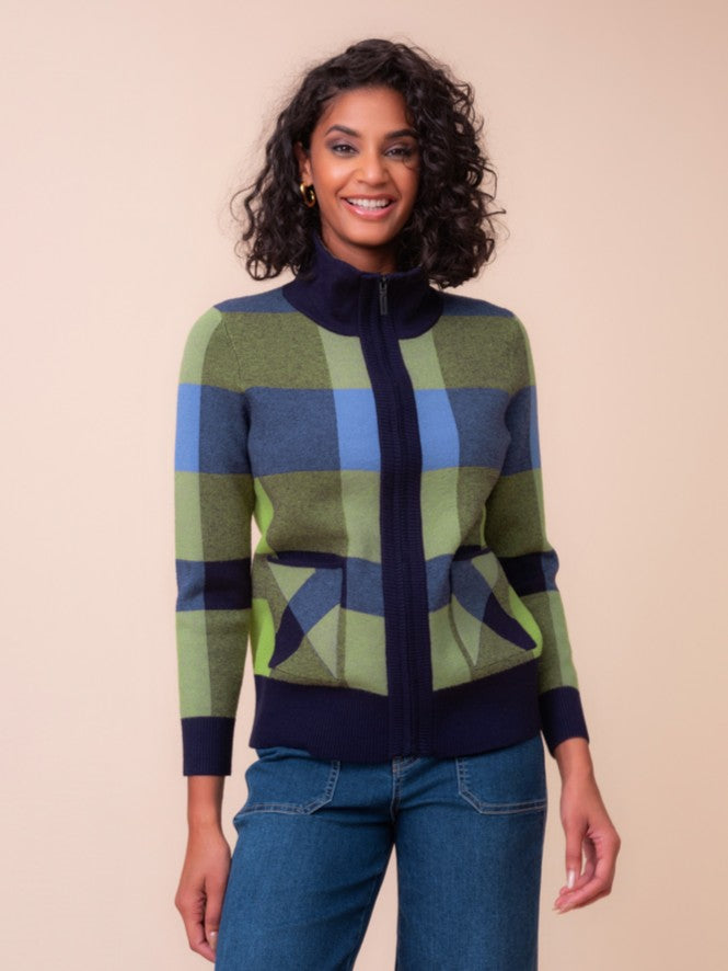 Blue Combo Plaid Zip Up Cardigan