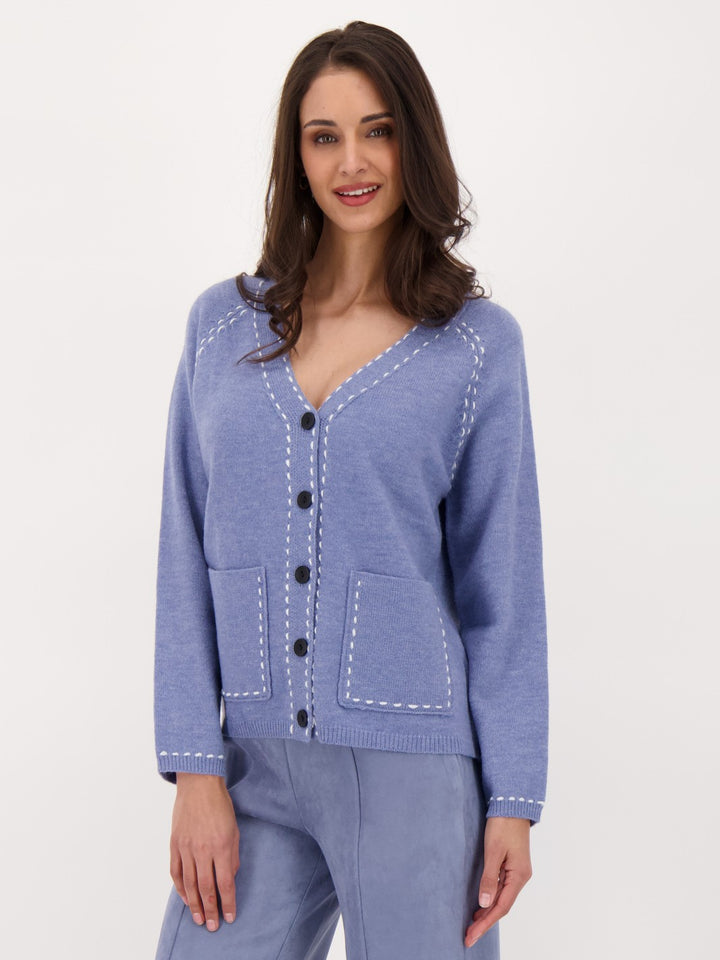 Blue Contrast Blanket Stitch Cardigan