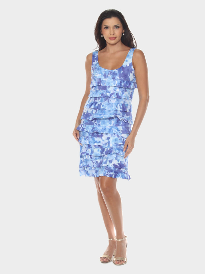 Blue Floral Print Layered Ruffle Dress