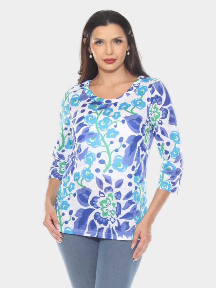 Blue Floral Print Round Neck Top