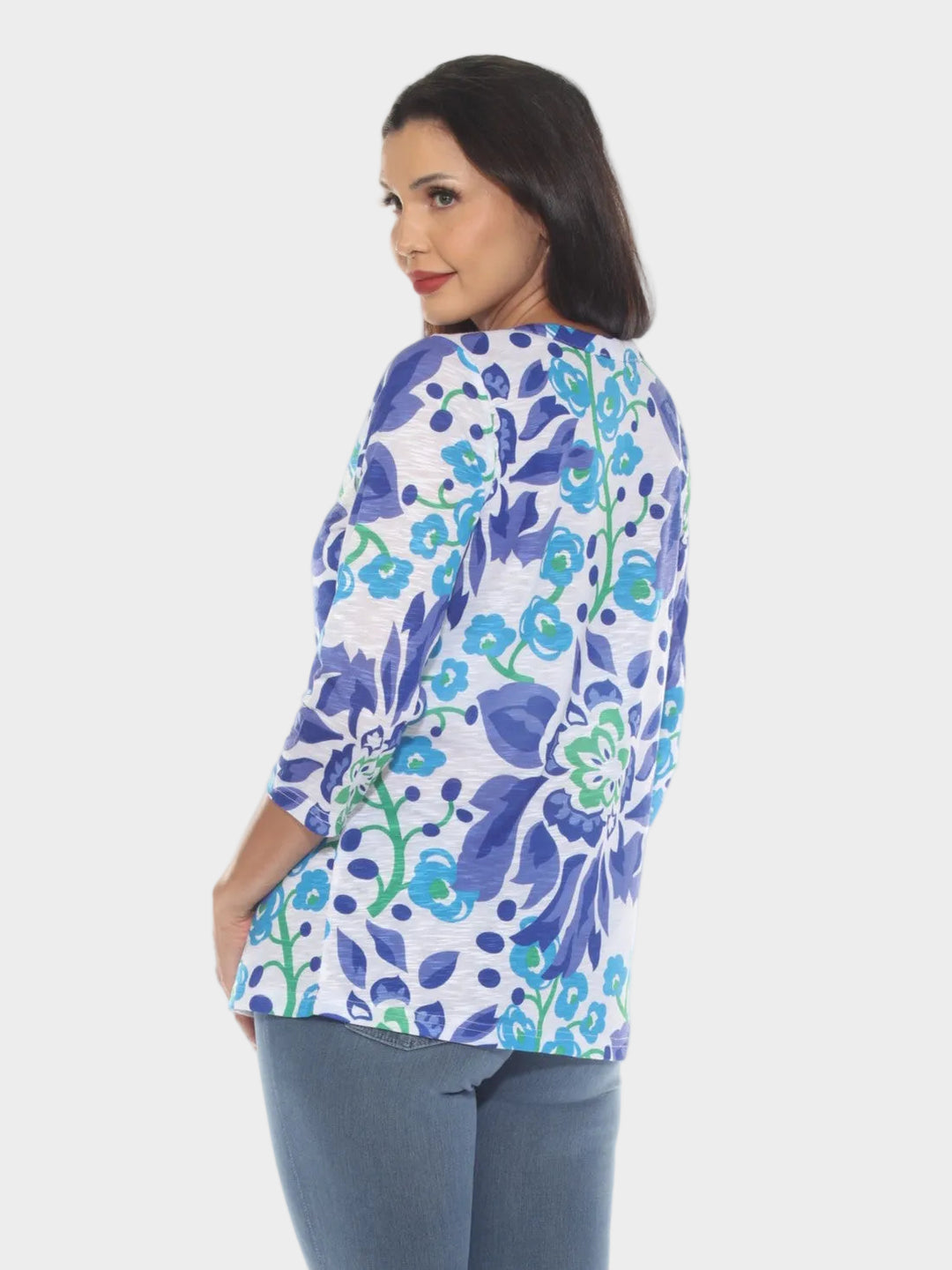 Blue Floral Print Round Neck Top