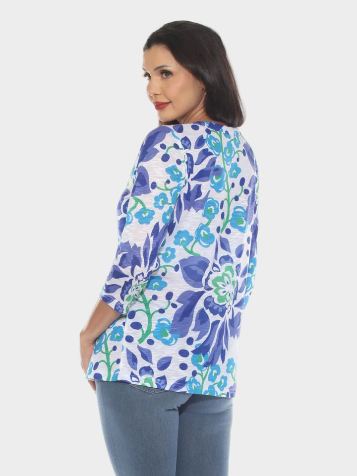 Blue Floral Print Round Neck Top