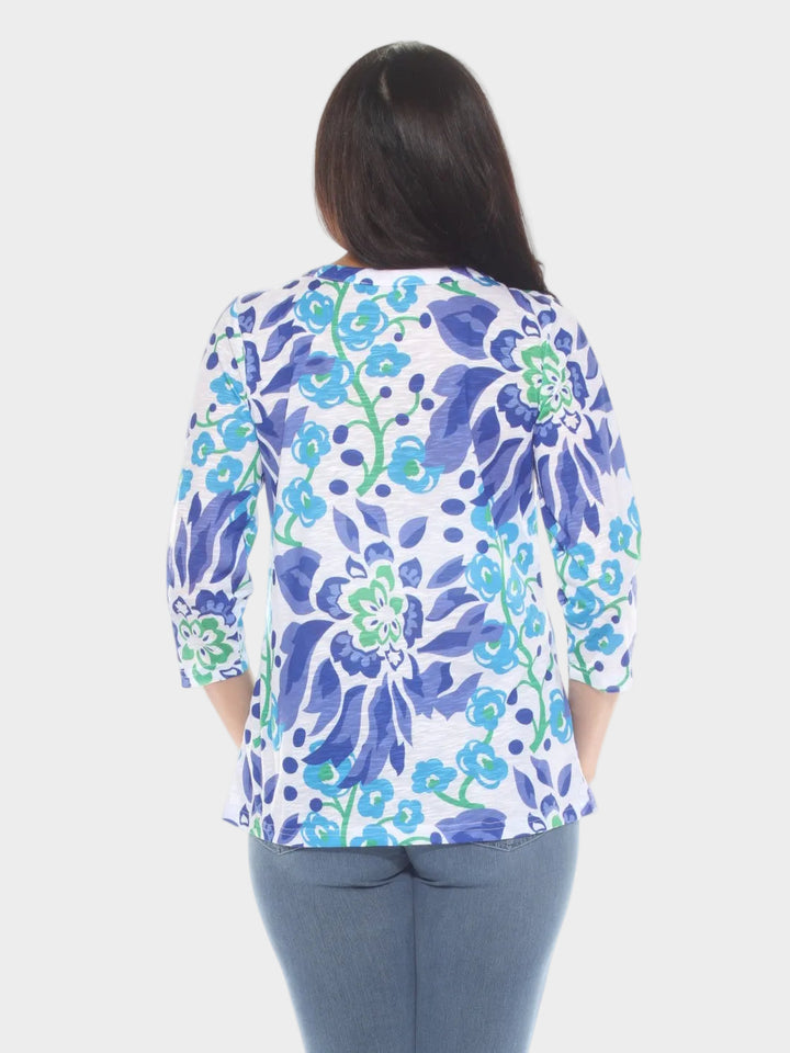 Blue Floral Print Round Neck Top