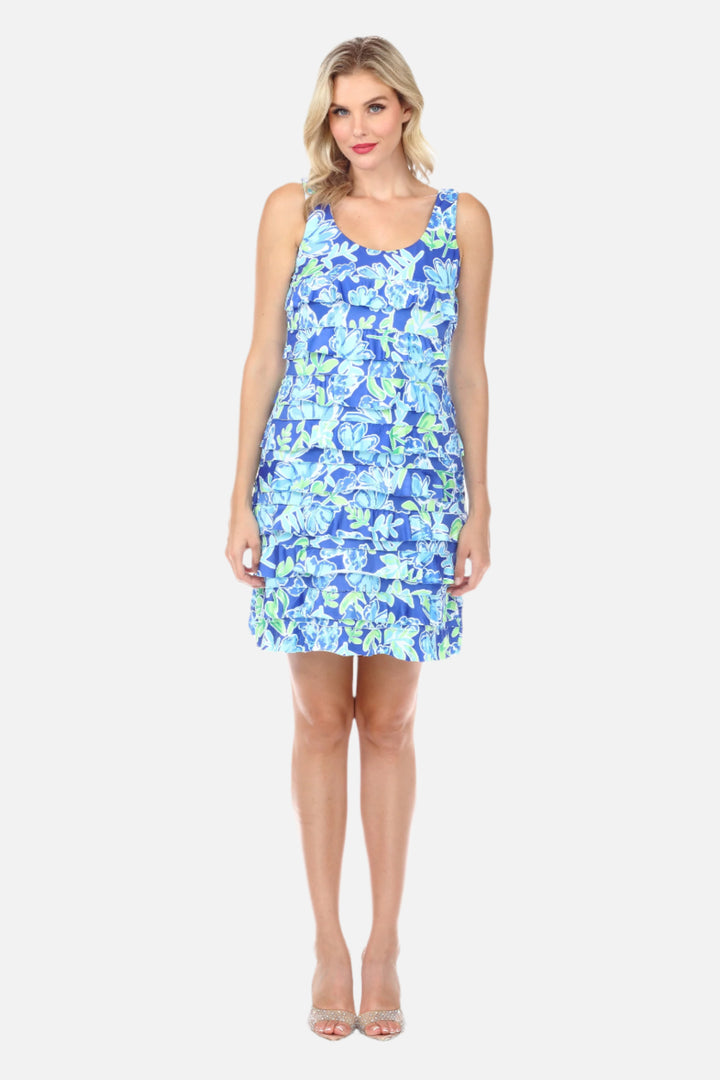 Blue Floral Layered Ruffle Short Dress