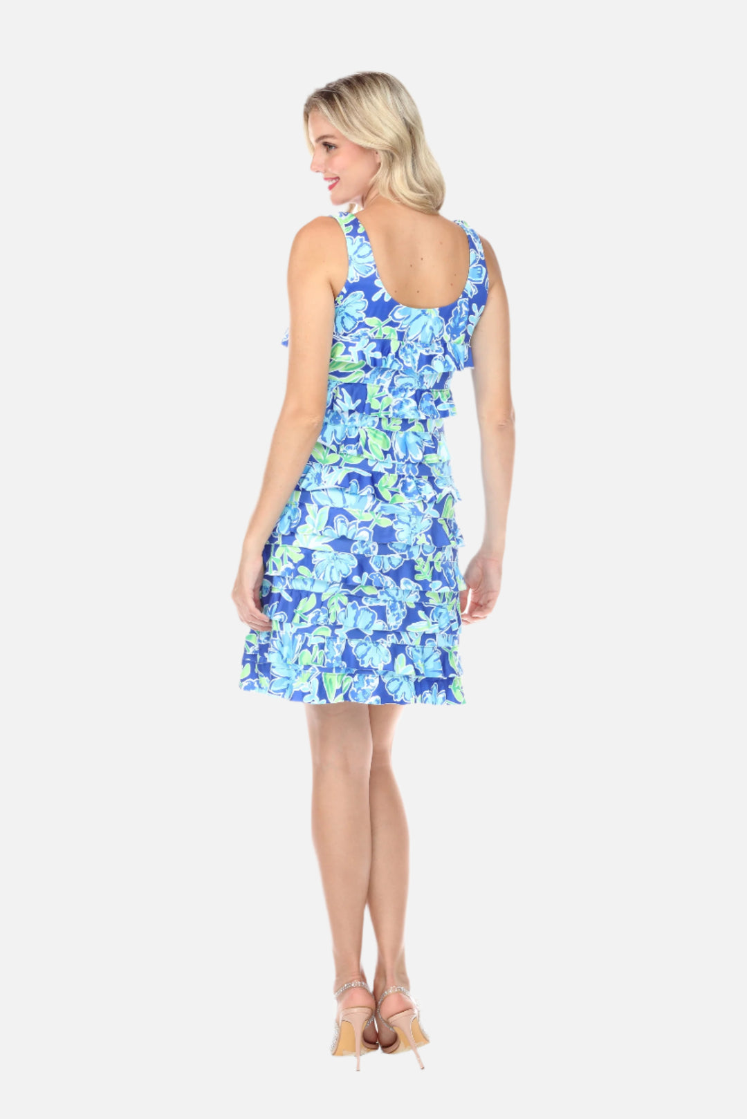 Blue Floral Layered Ruffle Short Dress