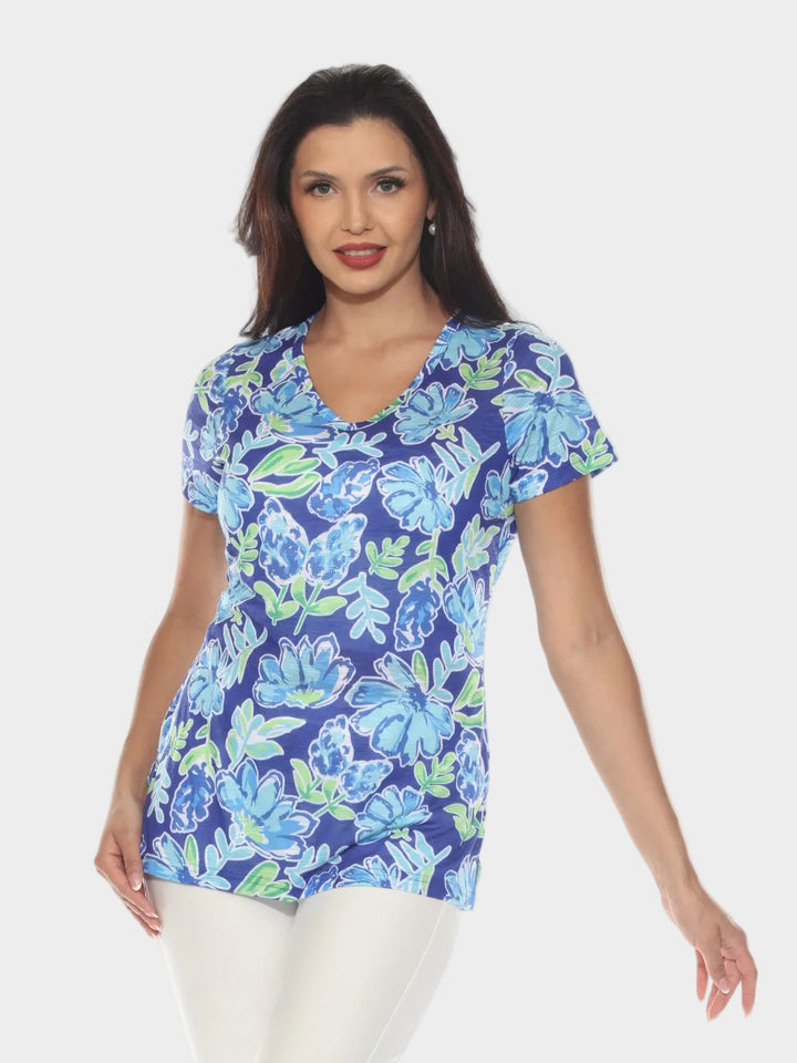 Blue Floral Print V-Neck Top