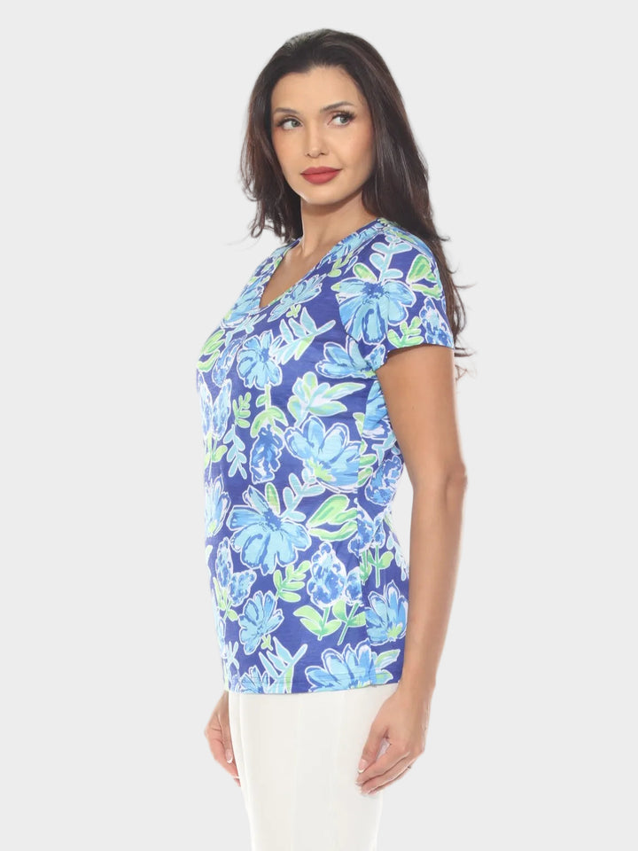 Blue Floral Print V-Neck Top