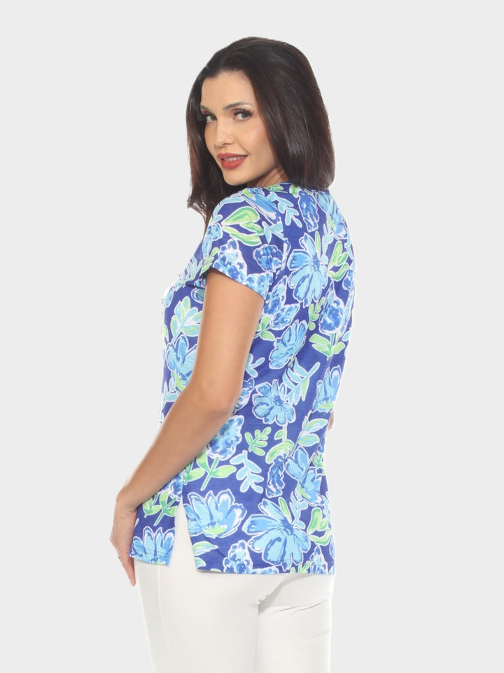 Blue Floral Print V-Neck Top