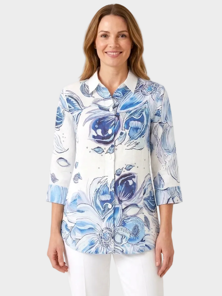 Blue Flowers Print Linen Button Up Shirt