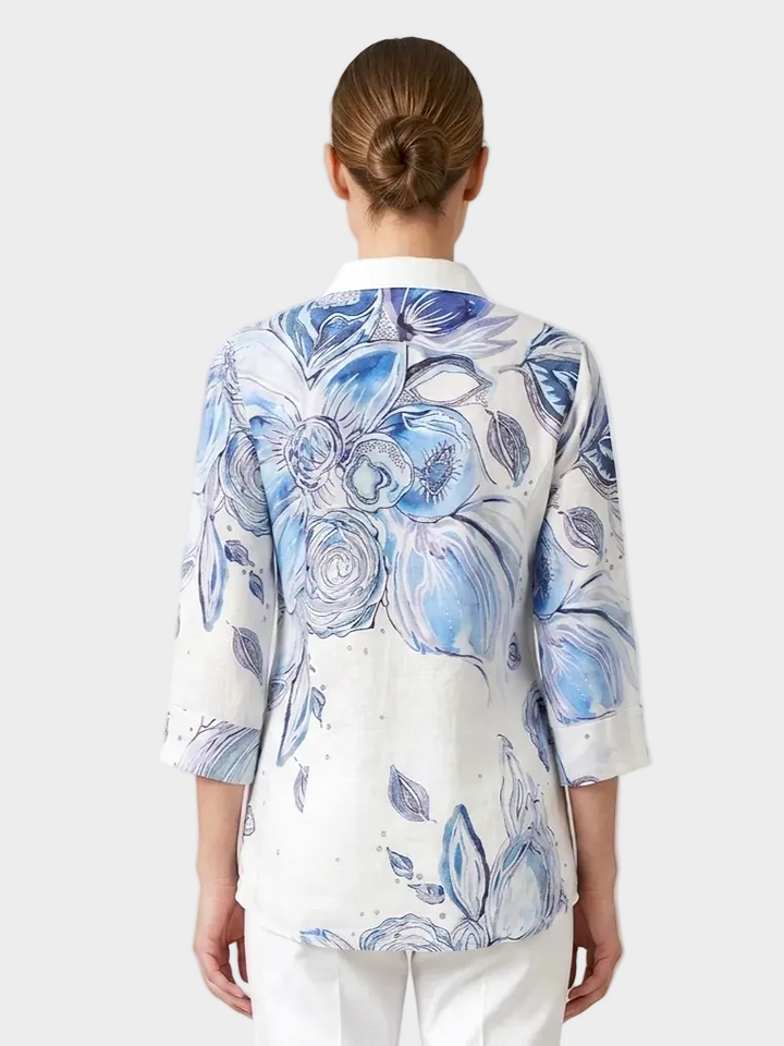 Blue Flowers Print Linen Button Up Shirt